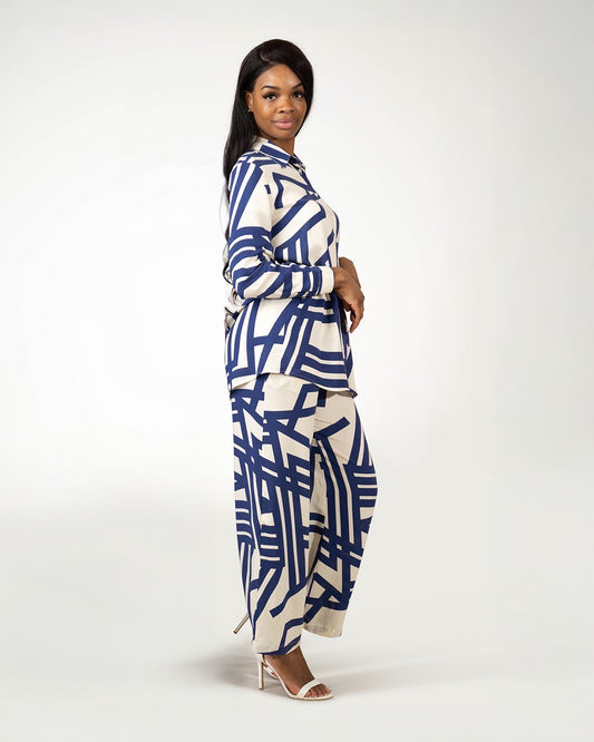 GEOMETRIC PRINT CO-ORD SET - ECRU/BLUE - Brand By BIBI