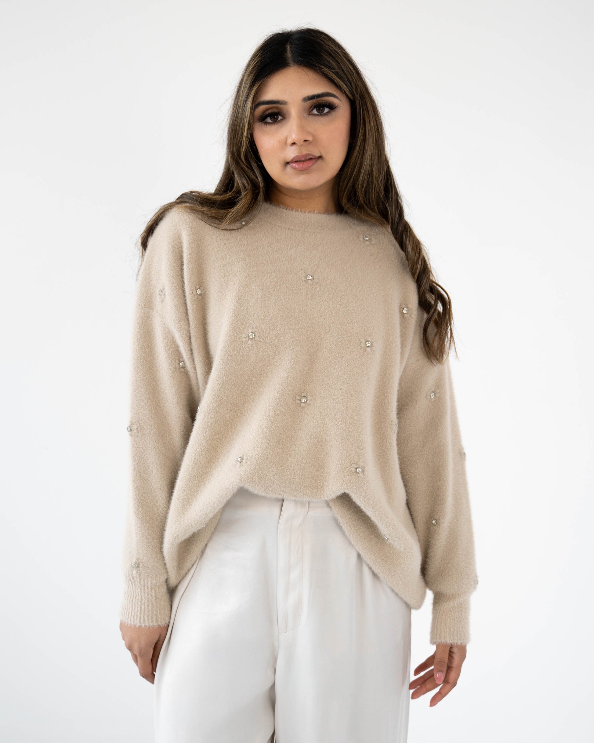 OVERSIZED RHINESTONE JUMPER - ECRU - Brand By BIBI