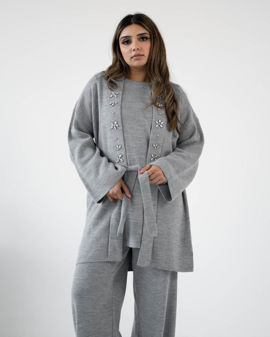 KNITTED 3 PIECE JEWELLED CO-ORD - GREY - Brand By BIBI