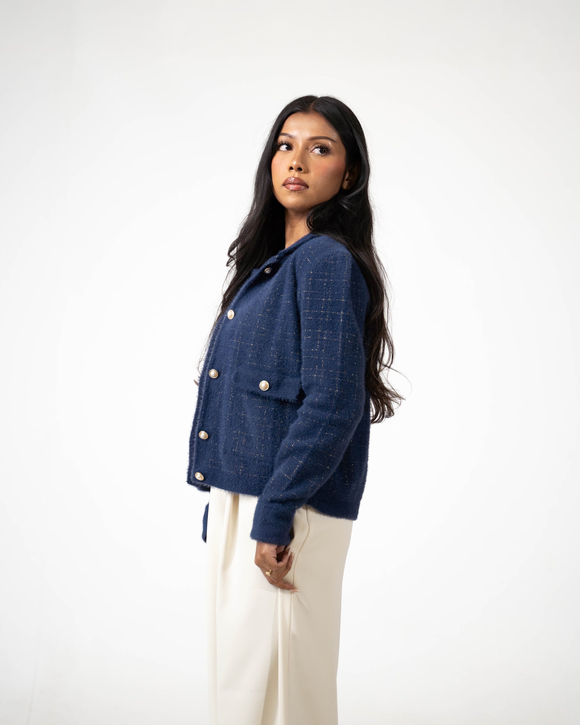 LUXURIOUS HEAVYWEIGHT COLLARED CARDIGAN WITH POCKETS - NAVY BLUE - Brand By BIBI