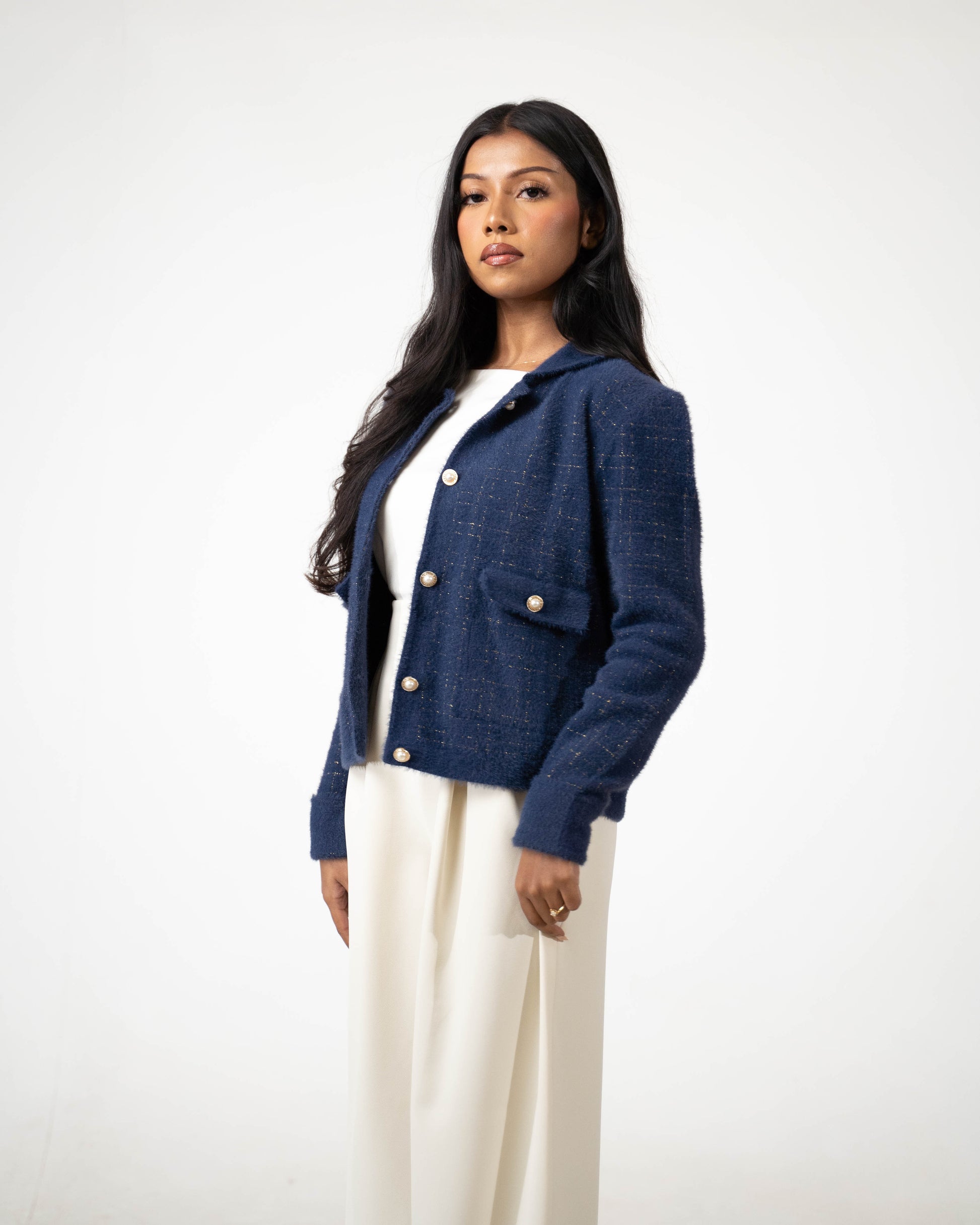 LUXURIOUS HEAVYWEIGHT COLLARED CARDIGAN WITH POCKETS - NAVY BLUE - Brand By BIBI