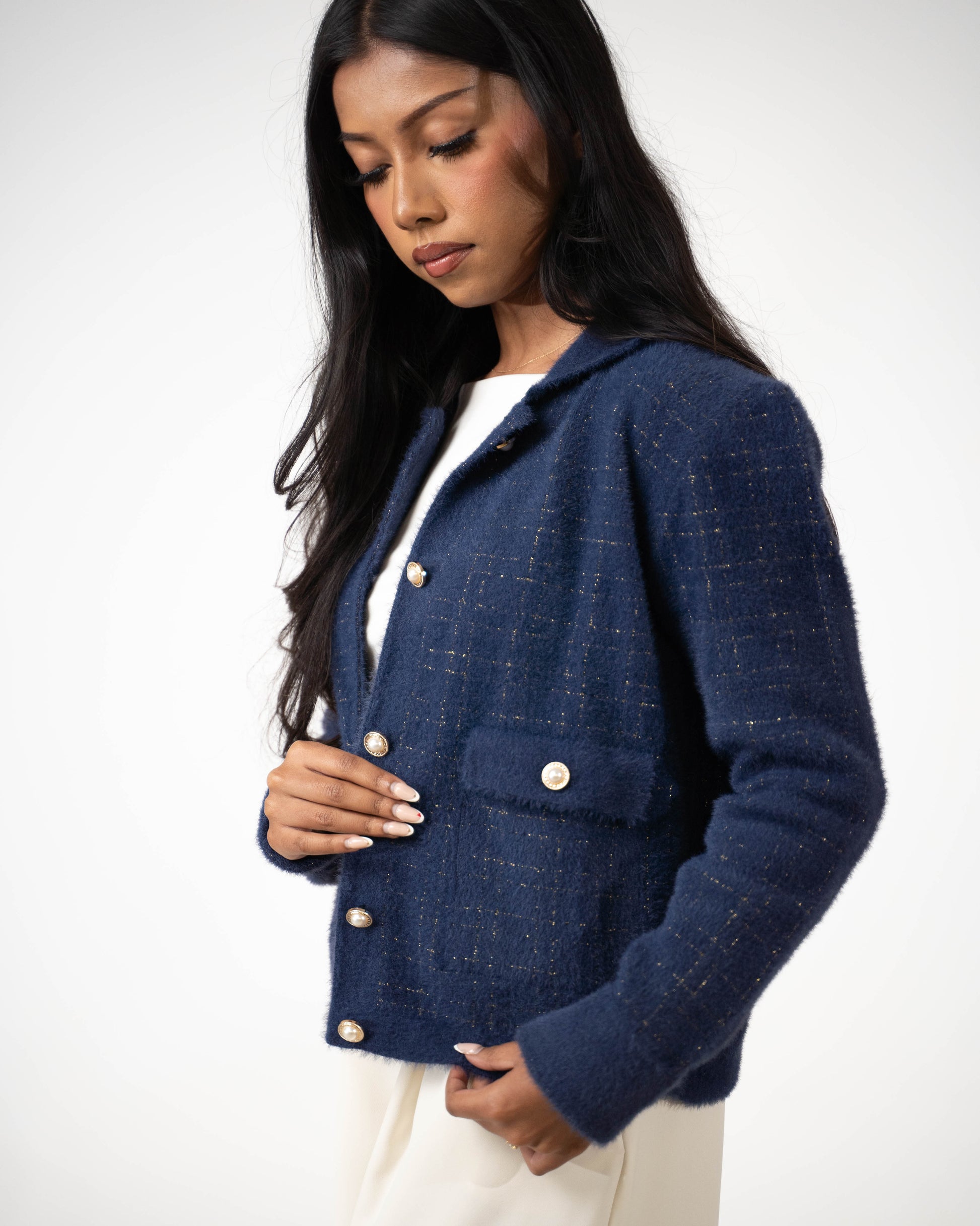 LUXURIOUS HEAVYWEIGHT COLLARED CARDIGAN WITH POCKETS - NAVY BLUE - Brand By BIBI