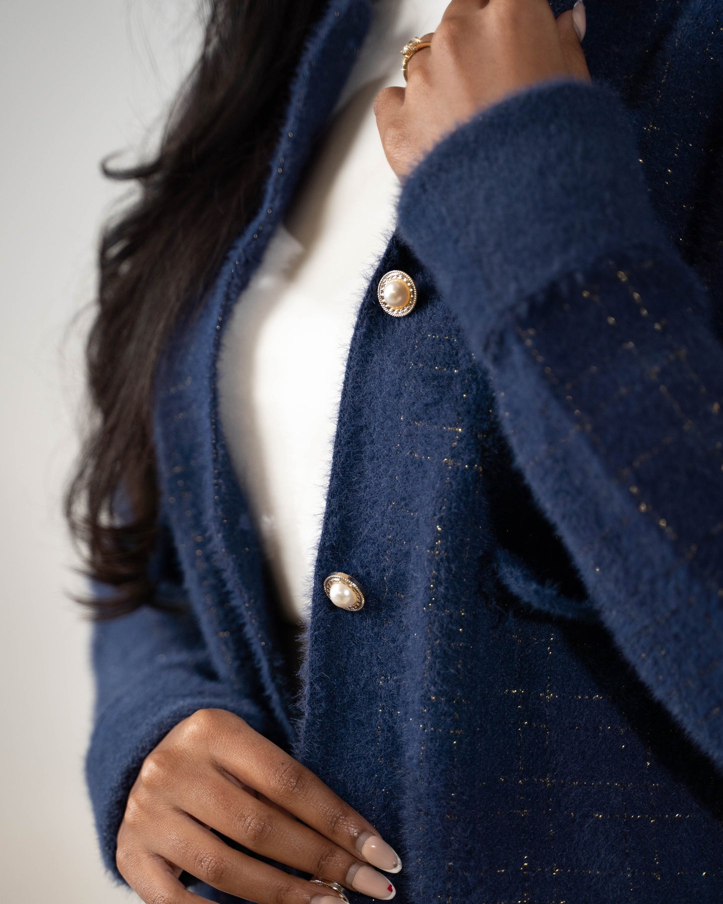 LUXURIOUS HEAVYWEIGHT COLLARED CARDIGAN WITH POCKETS - NAVY BLUE - Brand By BIBI